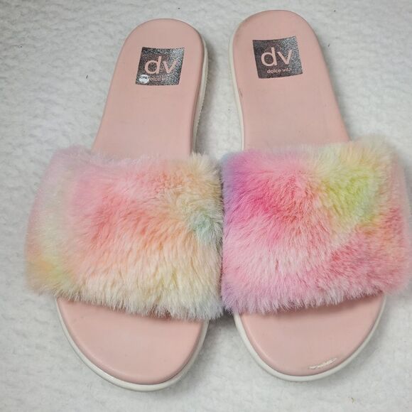 Dolce Vita “Jinah” Faux Fur Colorful Pastel Tie Dye Print Slides Size 9 - Picture 6 of 16
